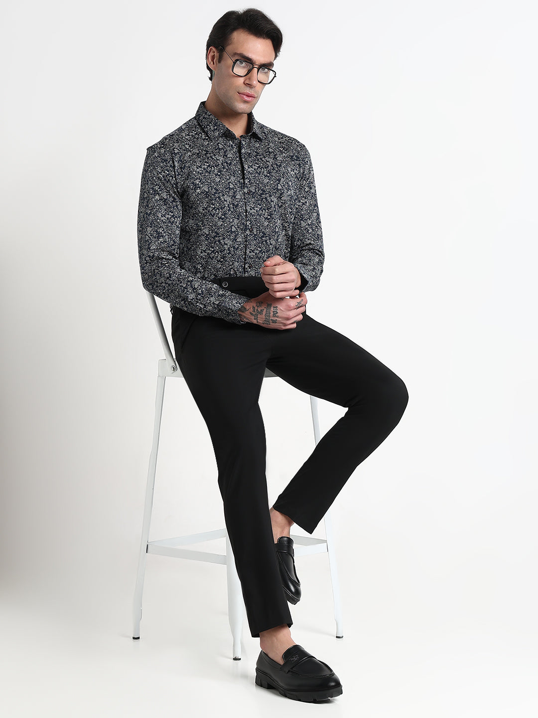 Men's Navy Blue Floral Slim Fit Formal Shirt