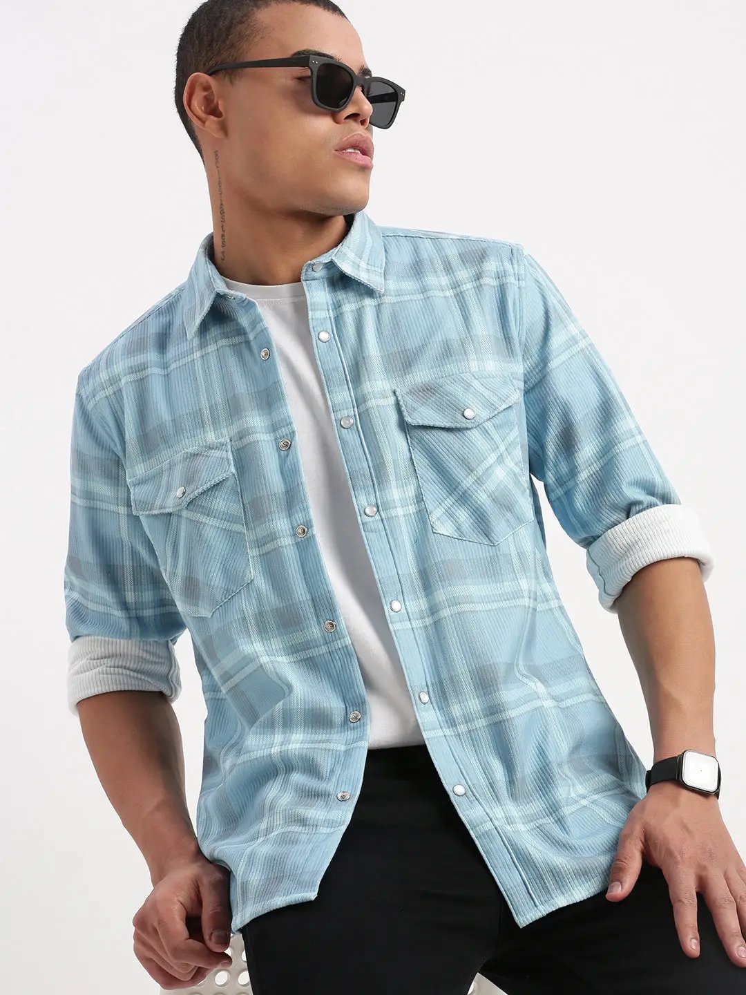 Men's Tartan Checks Blue Shirt