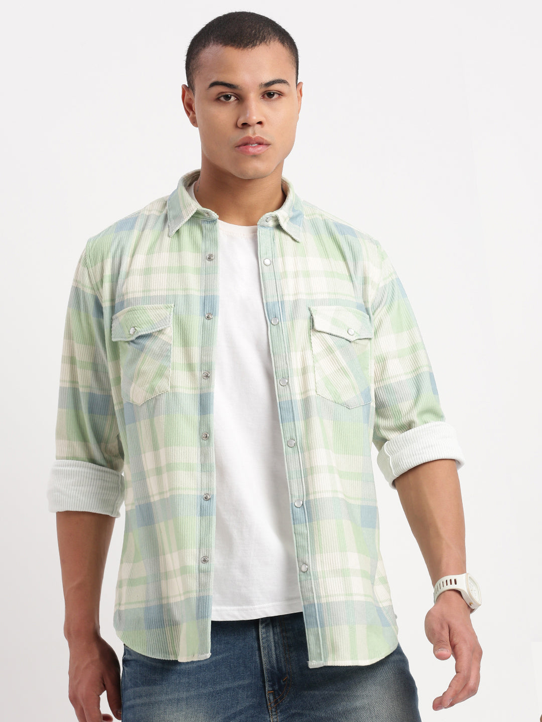 Men Tartan Checks Green Shirt