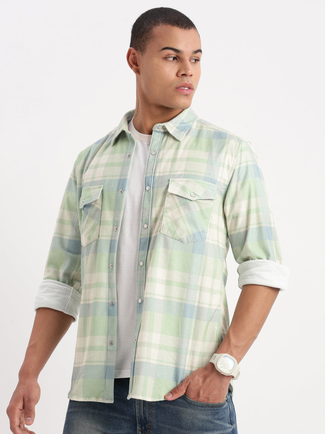 Men Tartan Checks Green Shirt