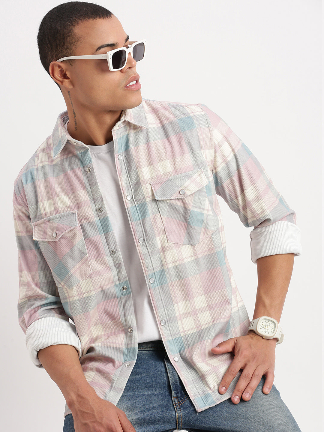 Men Tartan Checks Peach Shirt