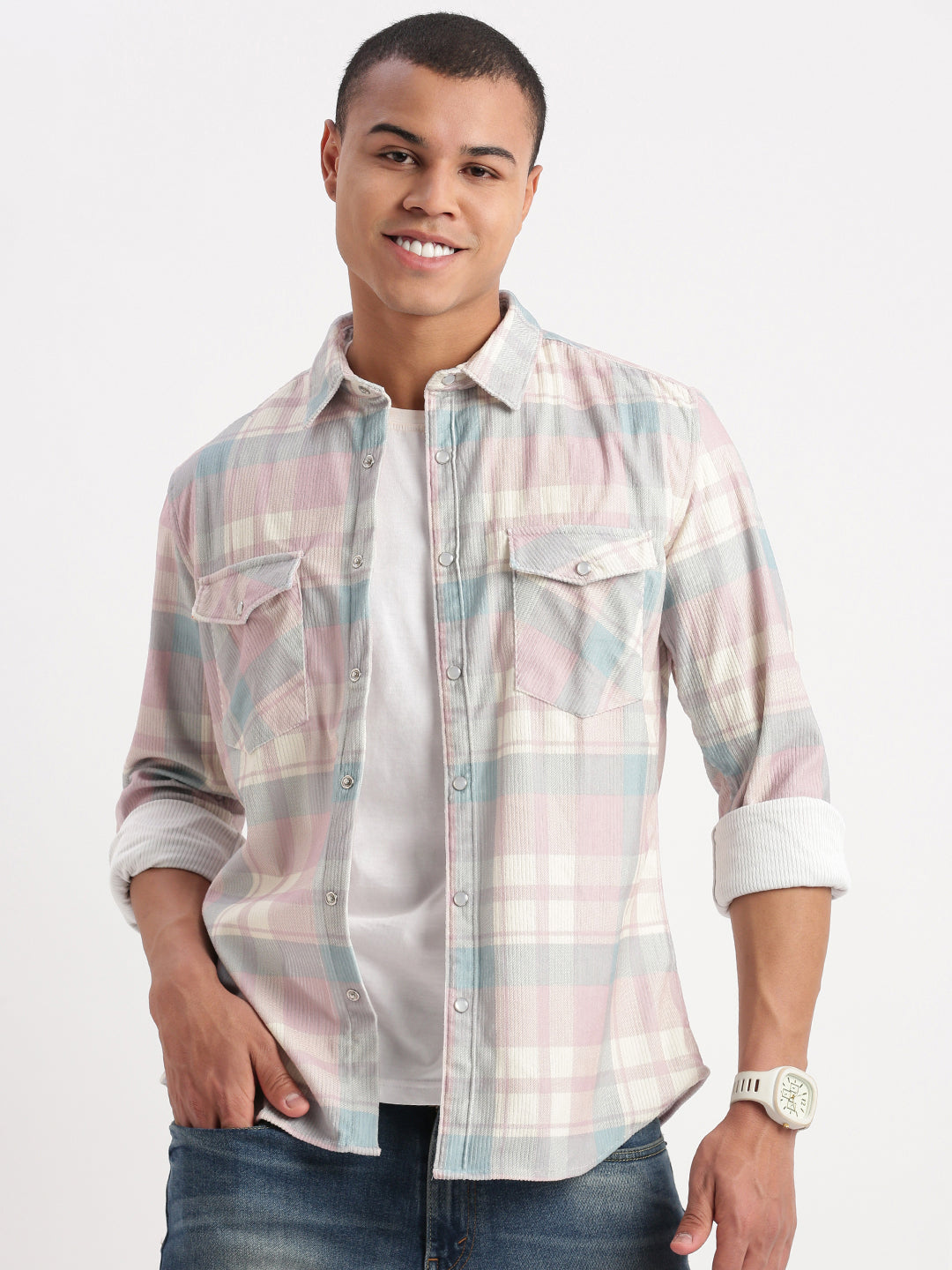 Men Tartan Checks Peach Shirt