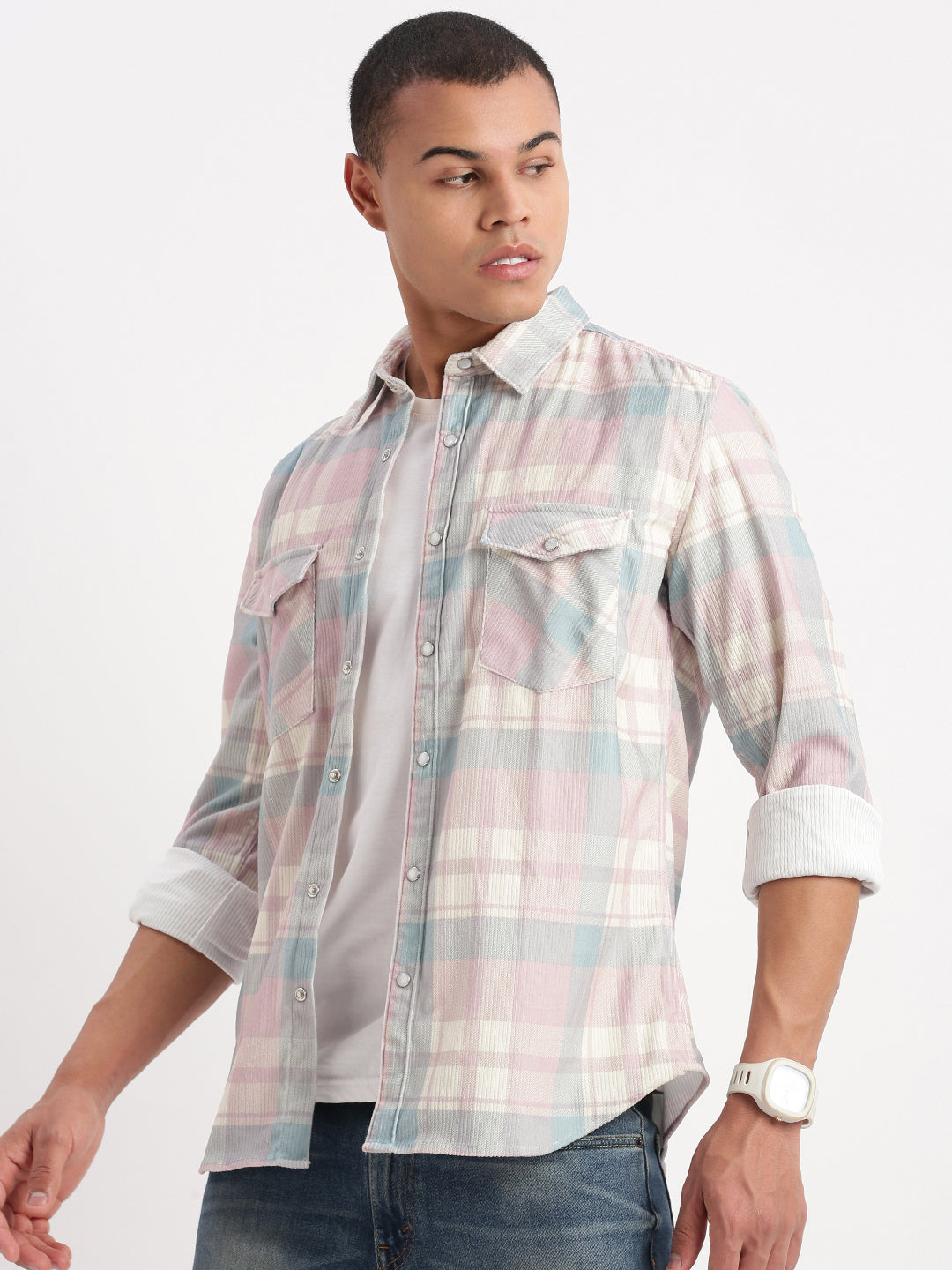 Men Tartan Checks Peach Shirt