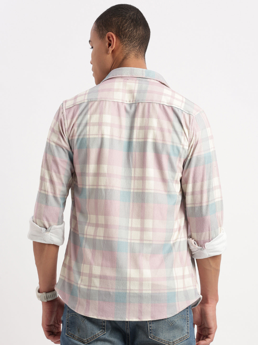 Men Tartan Checks Peach Shirt