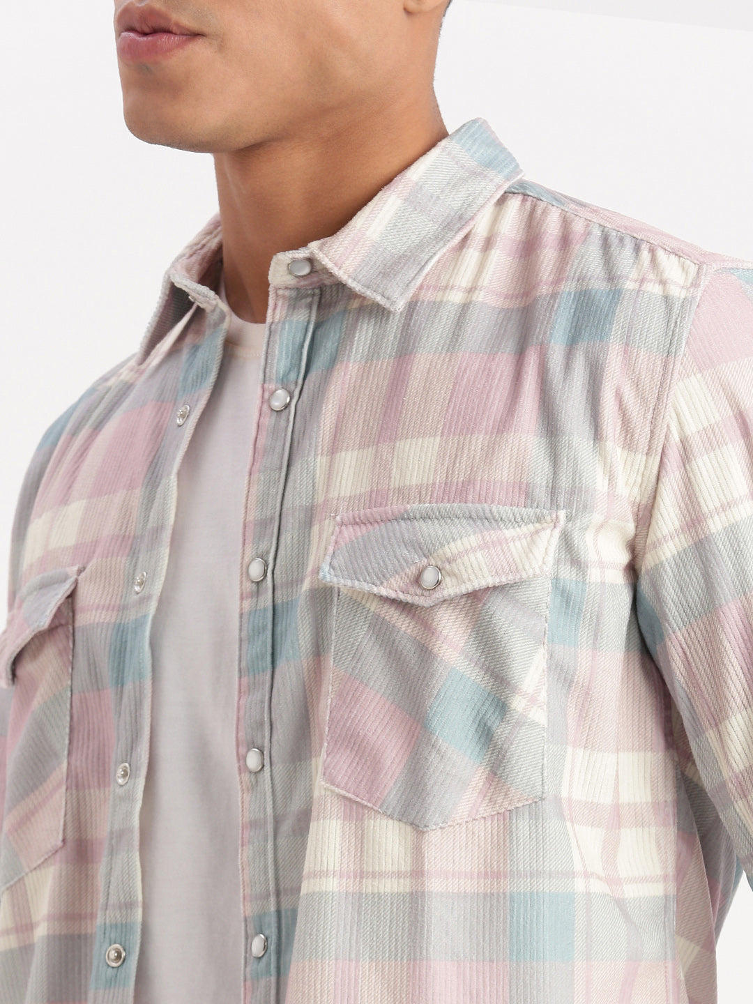 Men Tartan Checks Peach Shirt