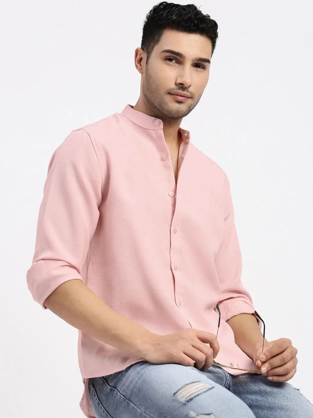 Shop Men's Peach Standard Mandarin Collar Solid Cotton Slim Fit Casual Shirt | Showoffff Shop Men's Peach Standard Mandarin Collar Solid Cotton Slim Fit Casual Shirt | Showoffff