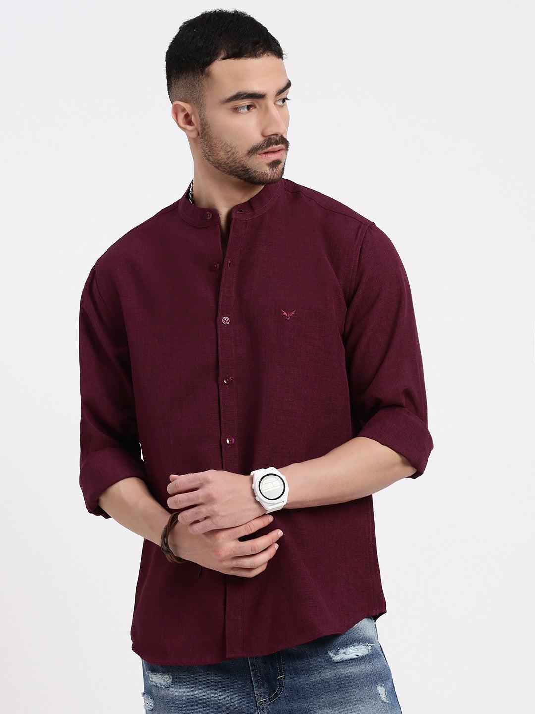 Men Maroon Solid Slim Fit Shirt