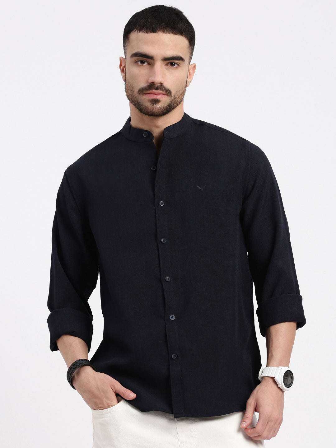 Men Navy Blue Solid Slim Fit Shirt