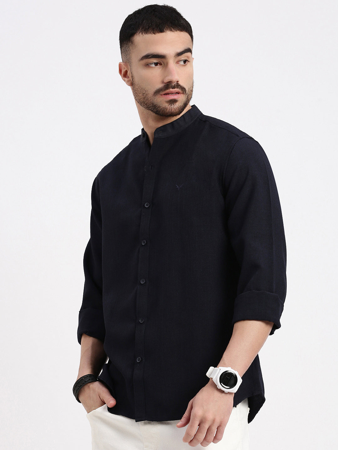 Men Navy Blue Solid Slim Fit Shirt