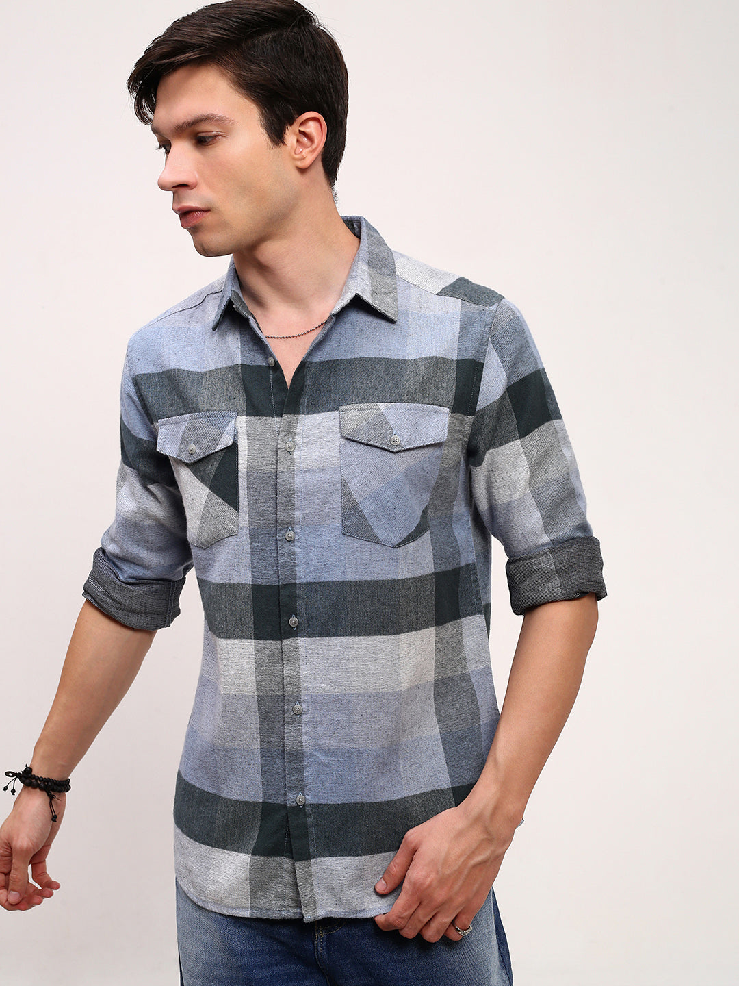 Men Grey Checked Slim Fit Shirt