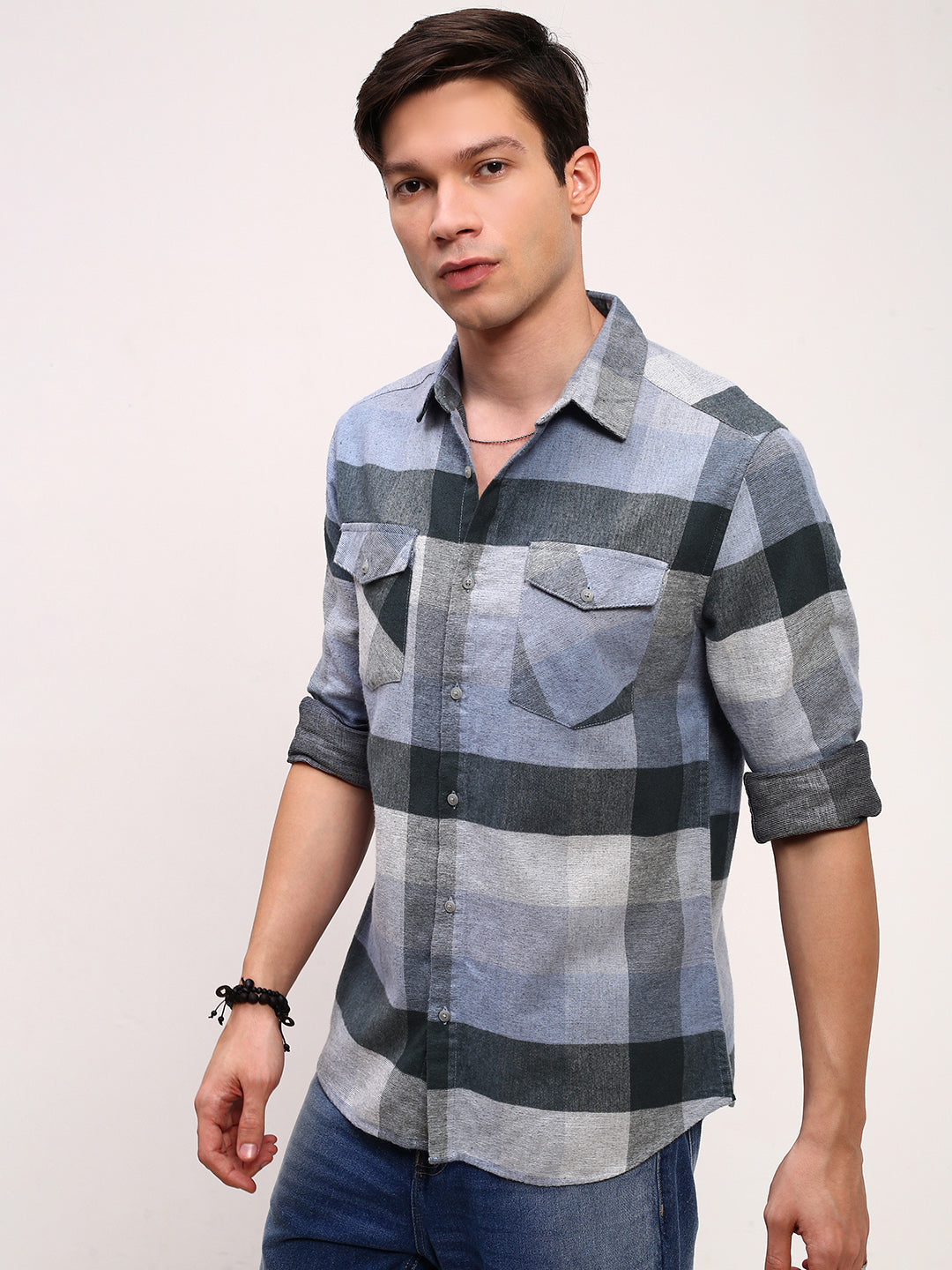 Men Grey Checked Slim Fit Shirt