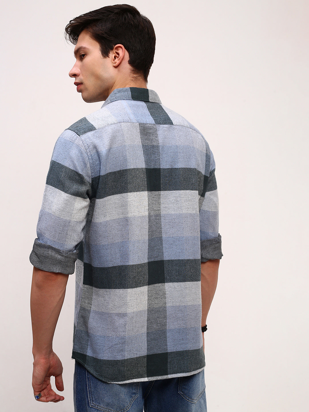 Men Grey Checked Slim Fit Shirt