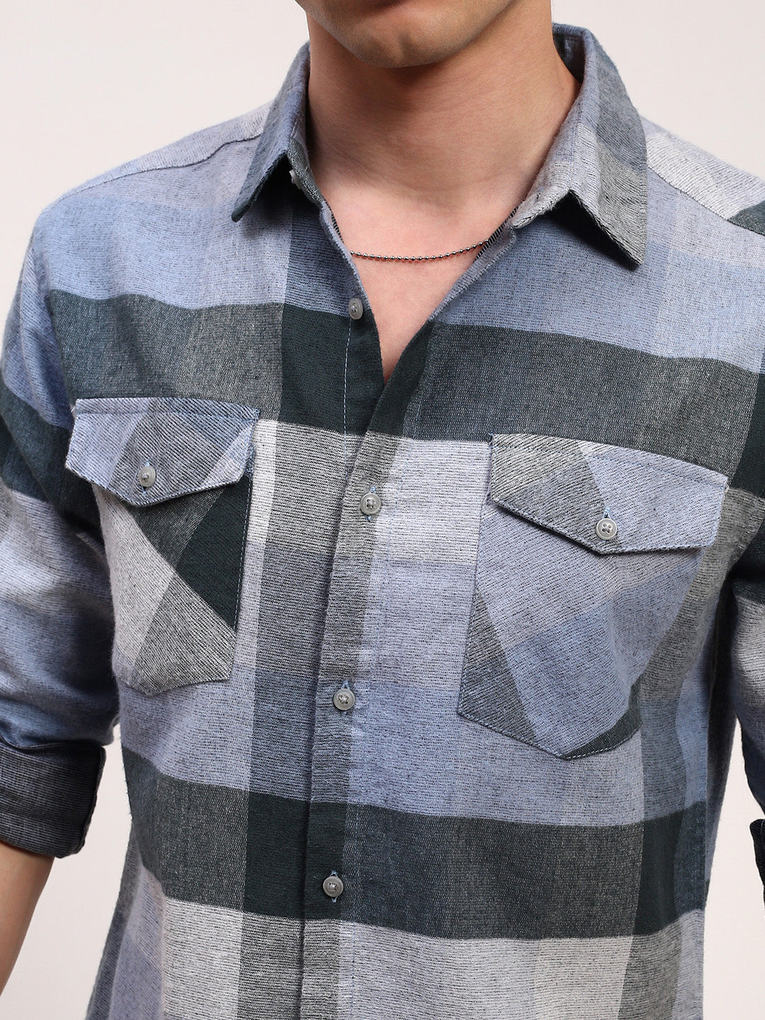 Men Grey Checked Slim Fit Shirt