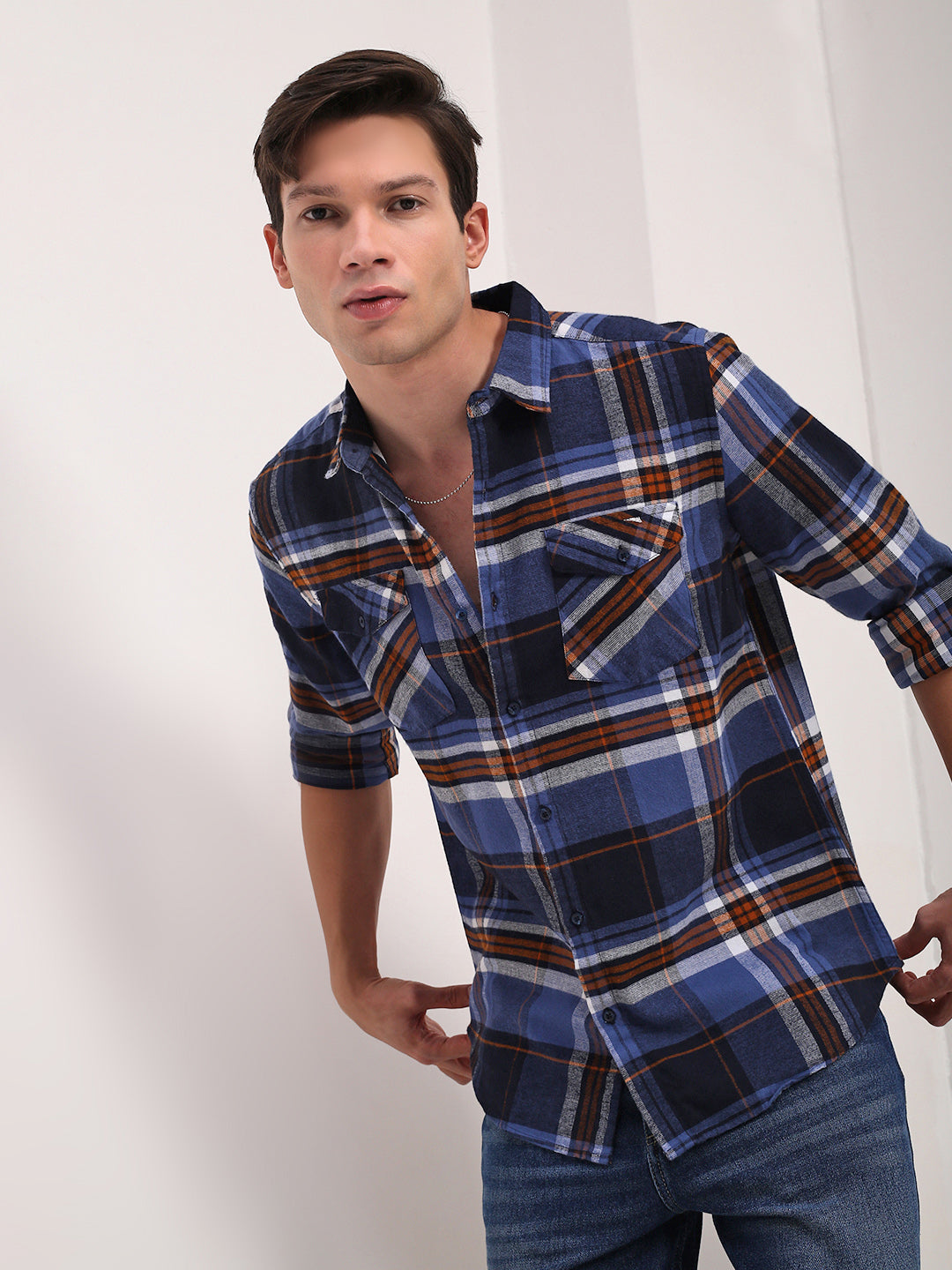 Men Navy Blue Checked Slim Fit Shirt