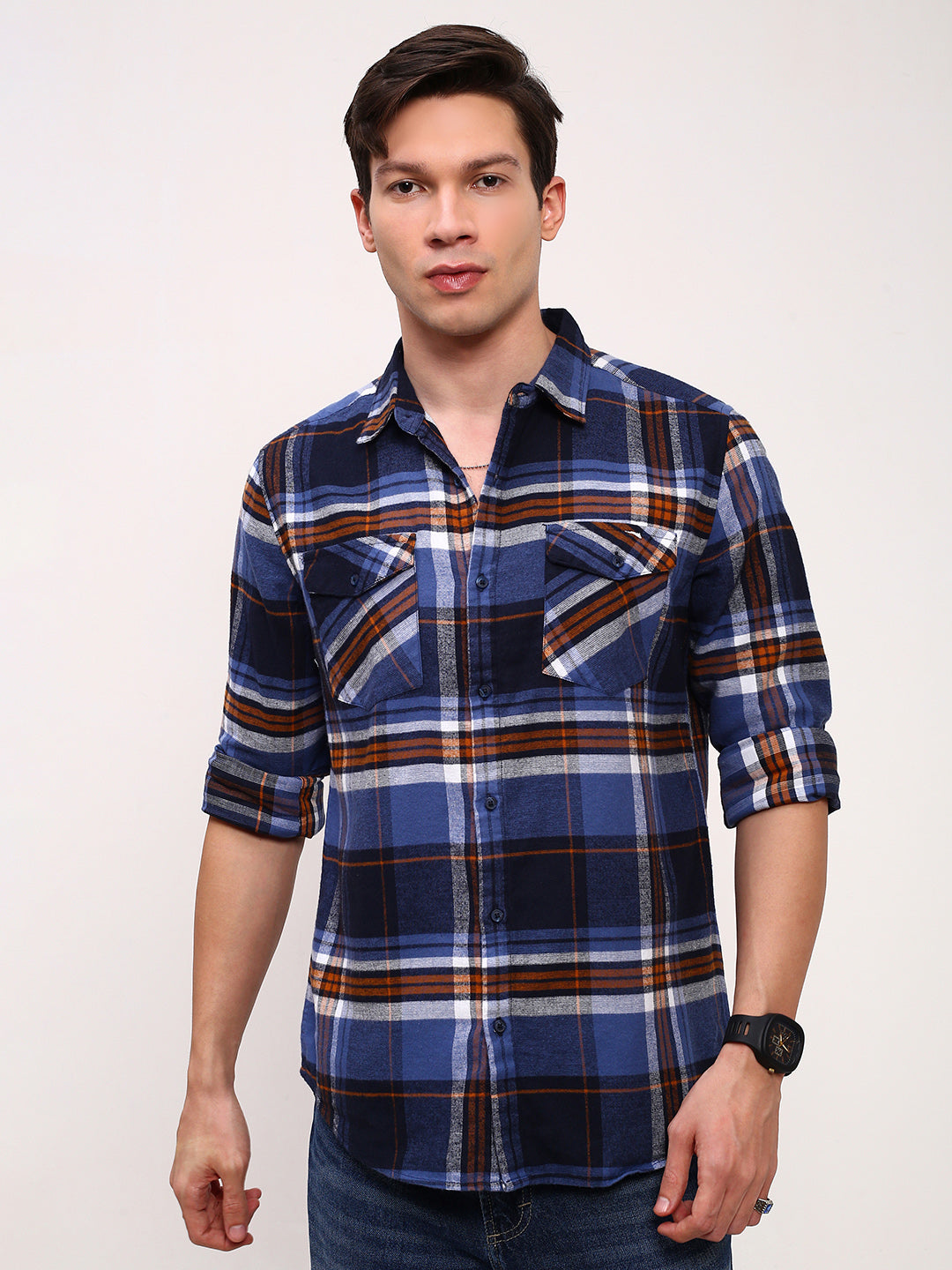 Men Navy Blue Checked Slim Fit Shirt