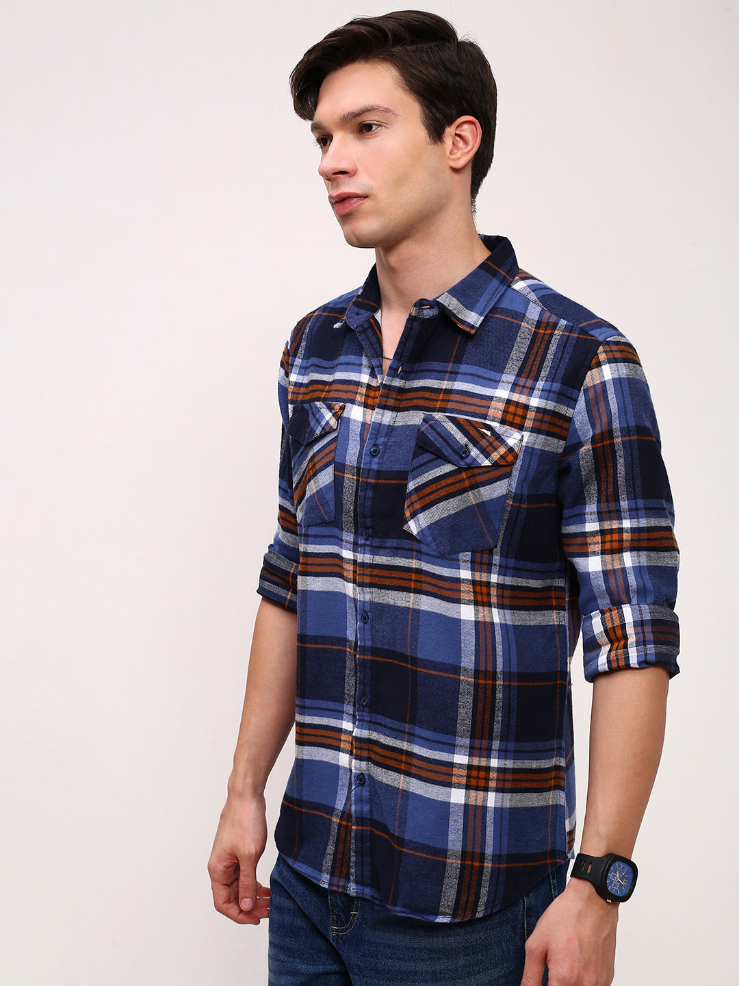 Men Navy Blue Checked Slim Fit Shirt