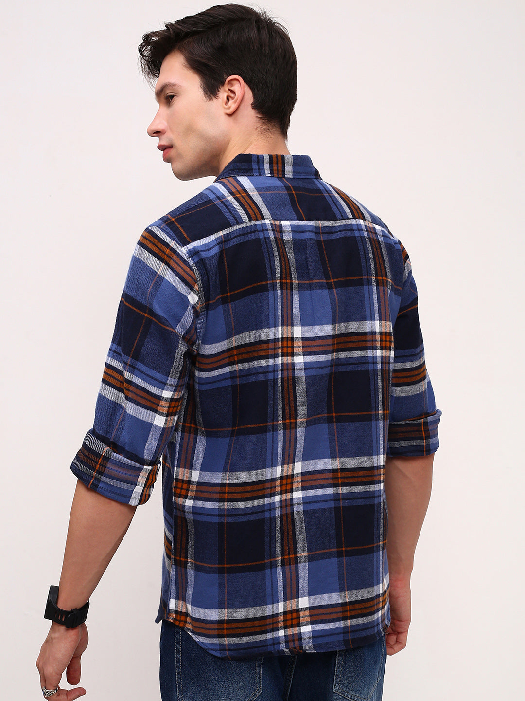 Men Navy Blue Checked Slim Fit Shirt