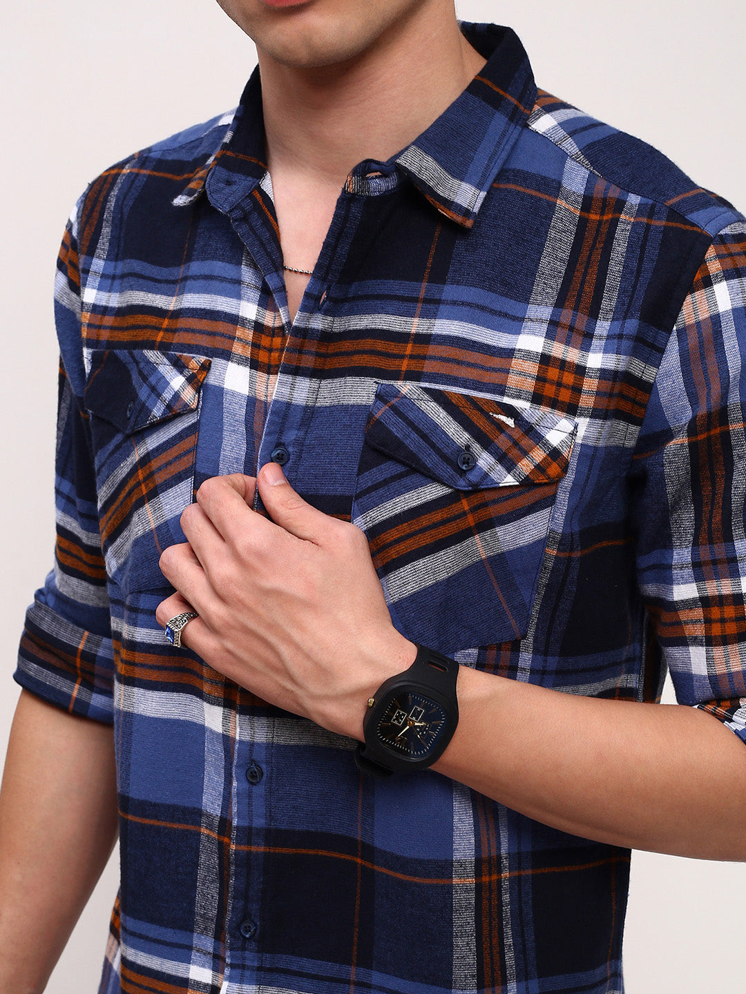 Men Navy Blue Checked Slim Fit Shirt