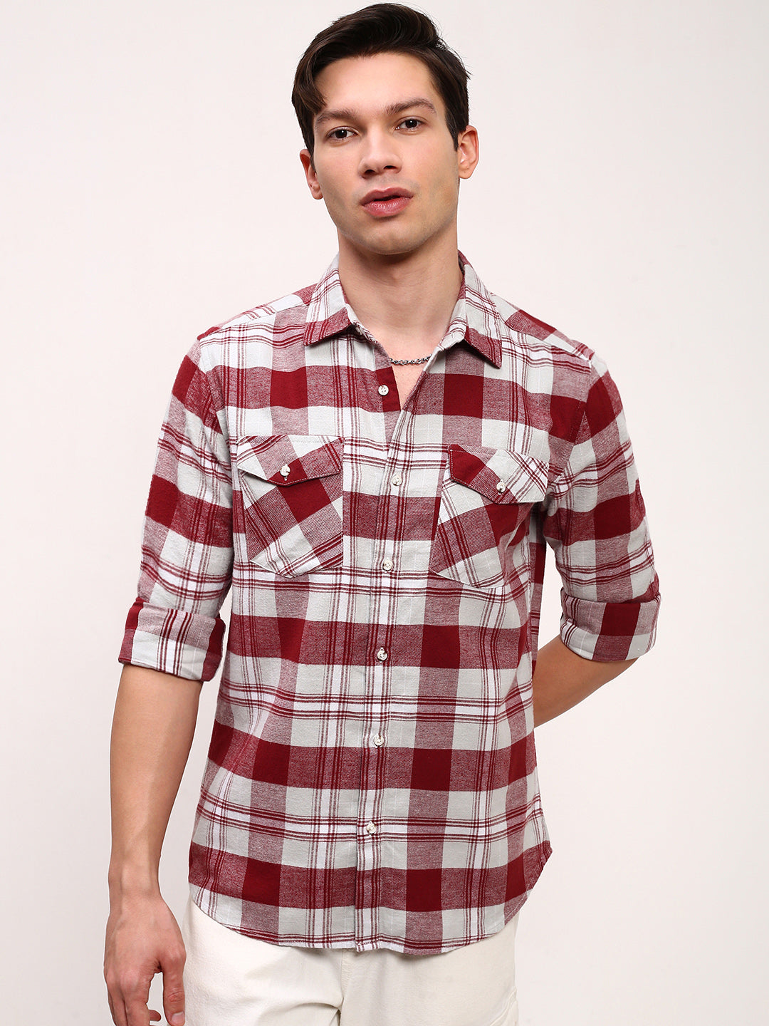 Men Red Checked Slim Fit Shirt