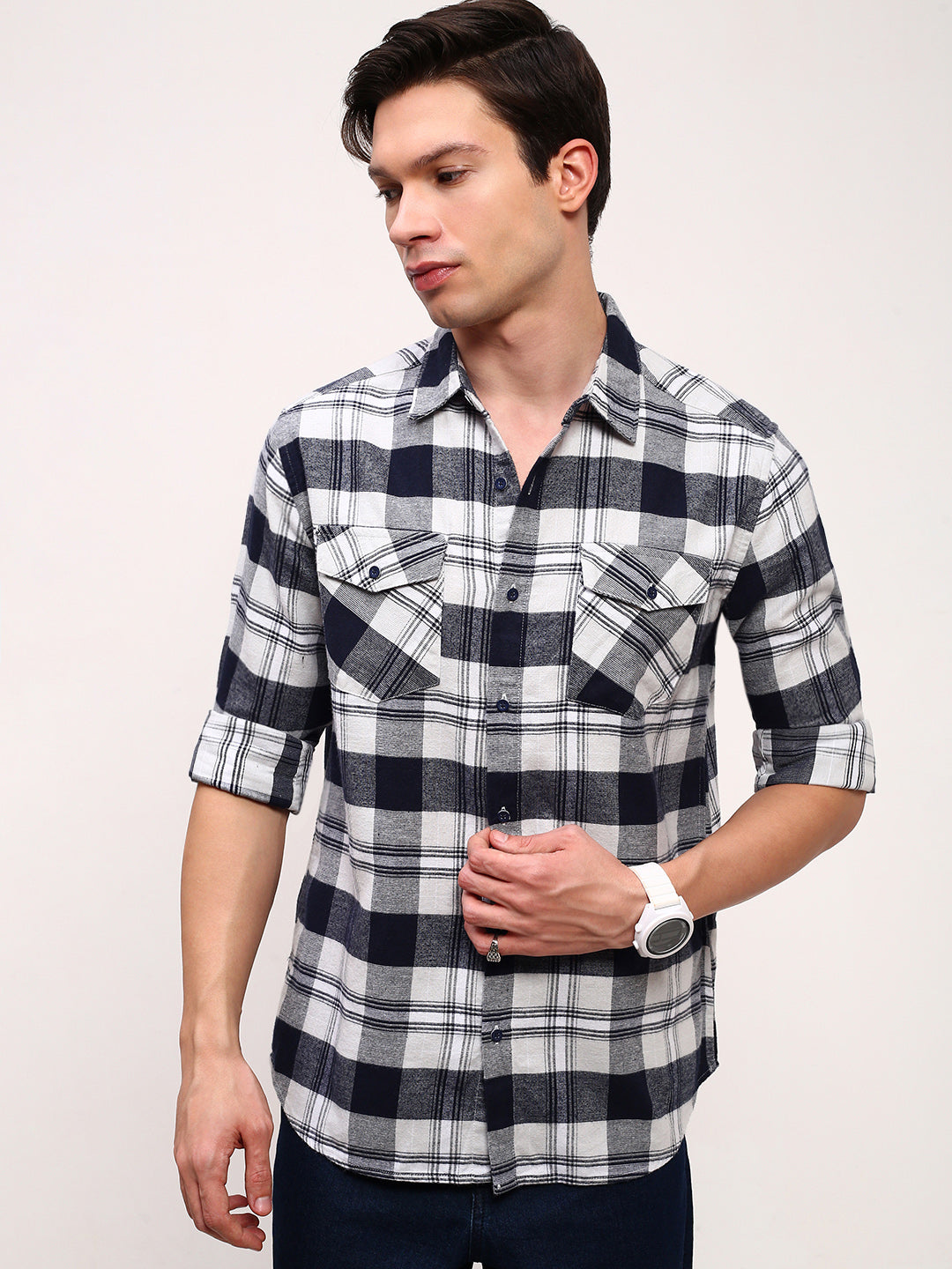 Men Grey Checked Slim Fit Shirt