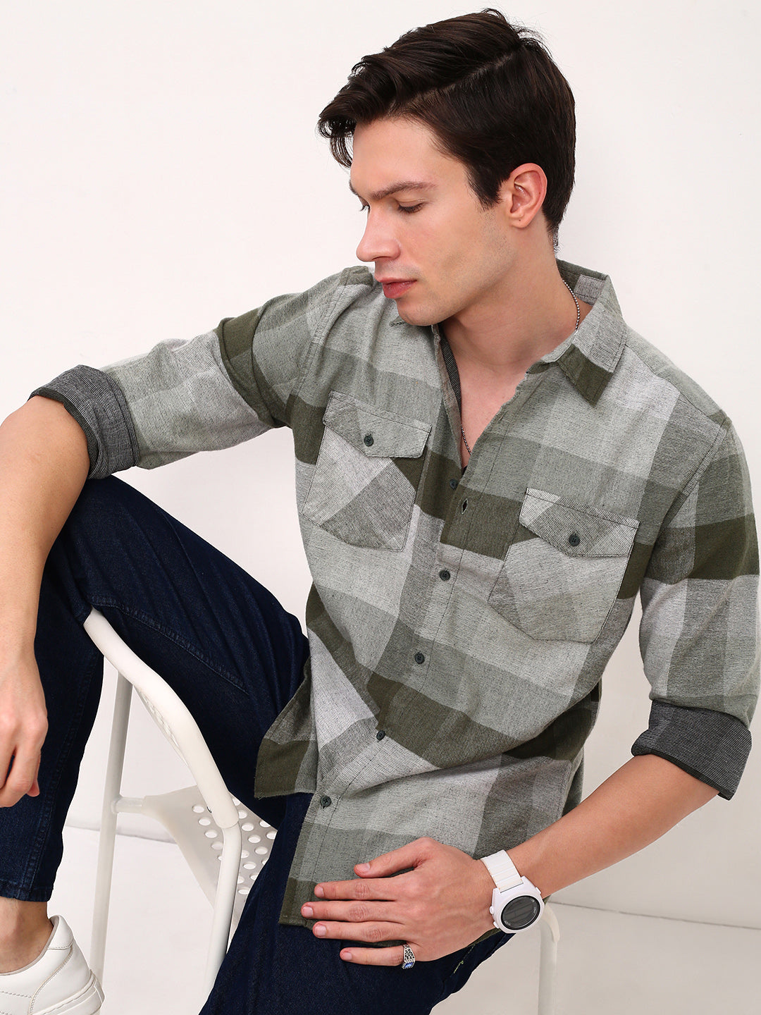 Men Green Checked Slim Fit Shirt