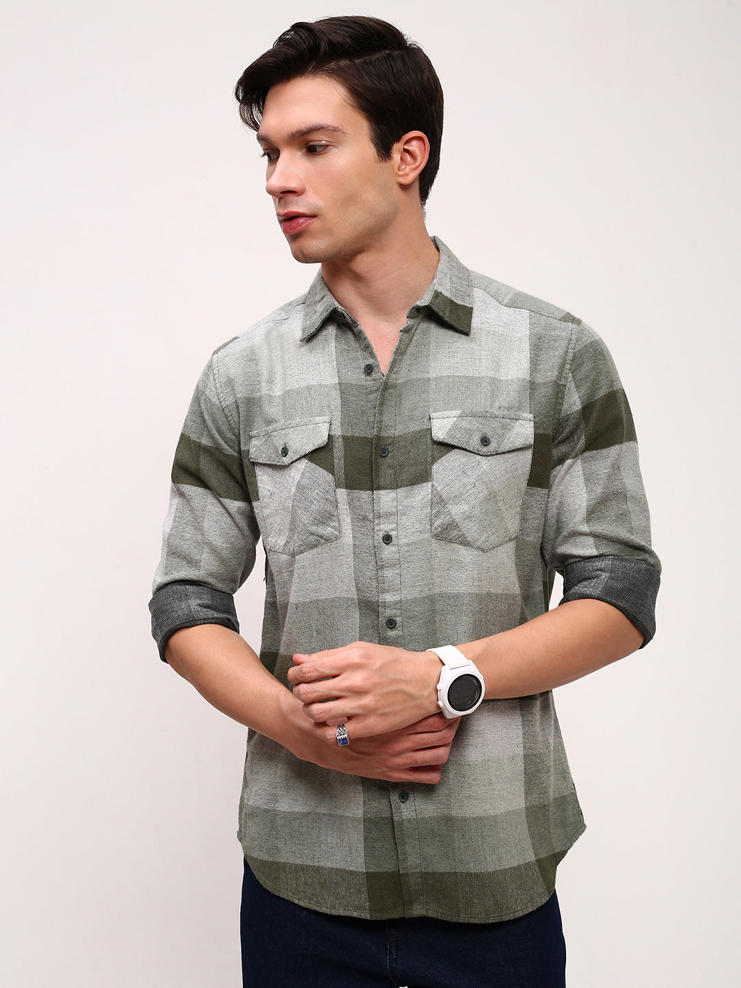 Men Green Checked Slim Fit Shirt