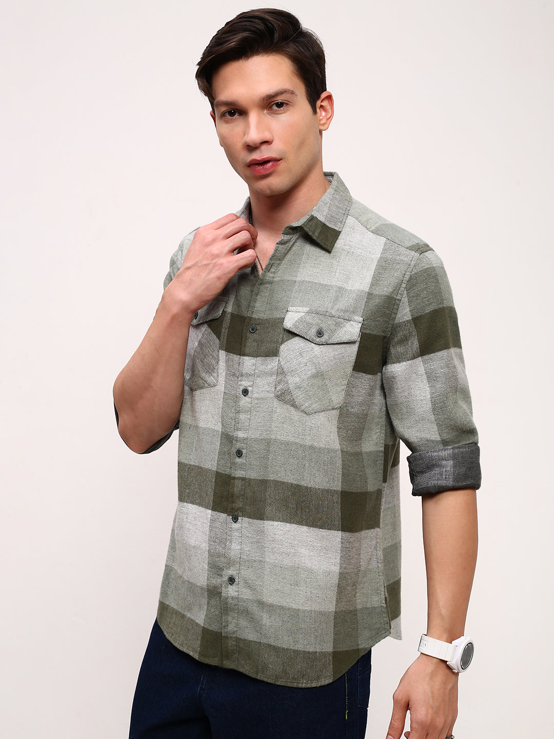 Men Green Checked Slim Fit Shirt