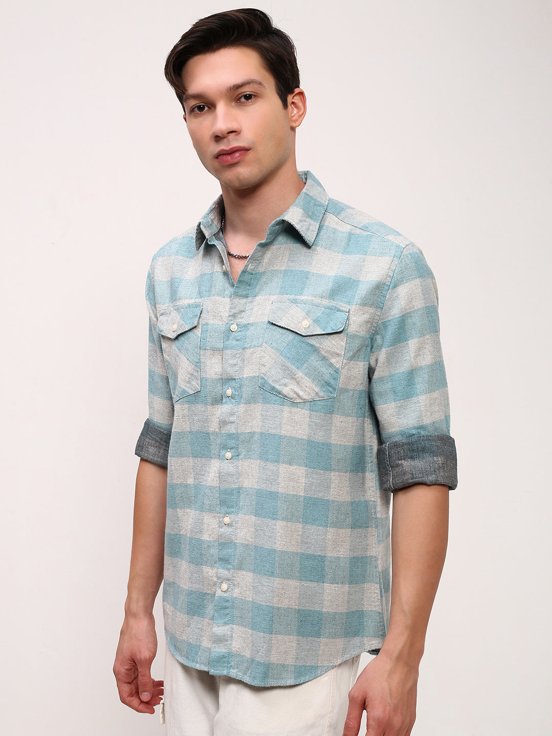 Men Blue Checked Slim Fit Shirt