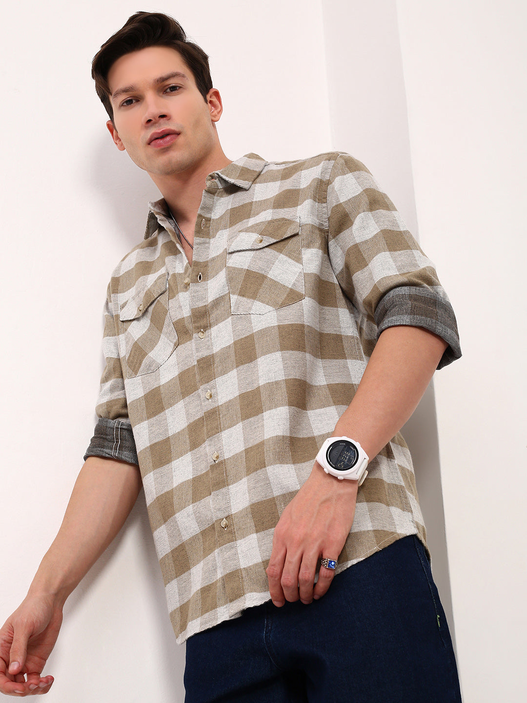 Men Olive Checked Slim Fit Shirt