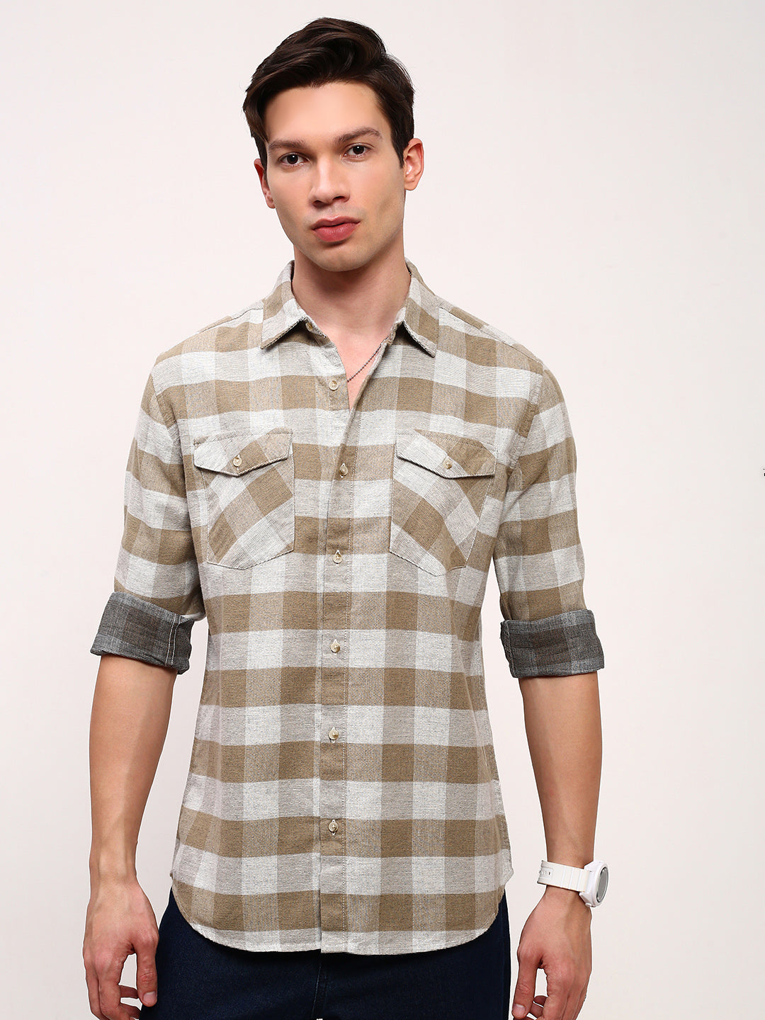 Men Olive Checked Slim Fit Shirt