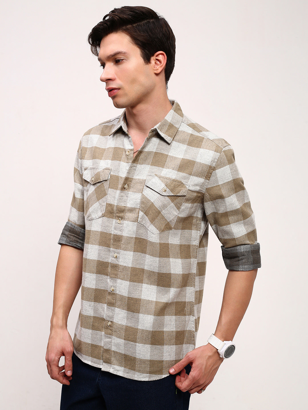 Men Olive Checked Slim Fit Shirt