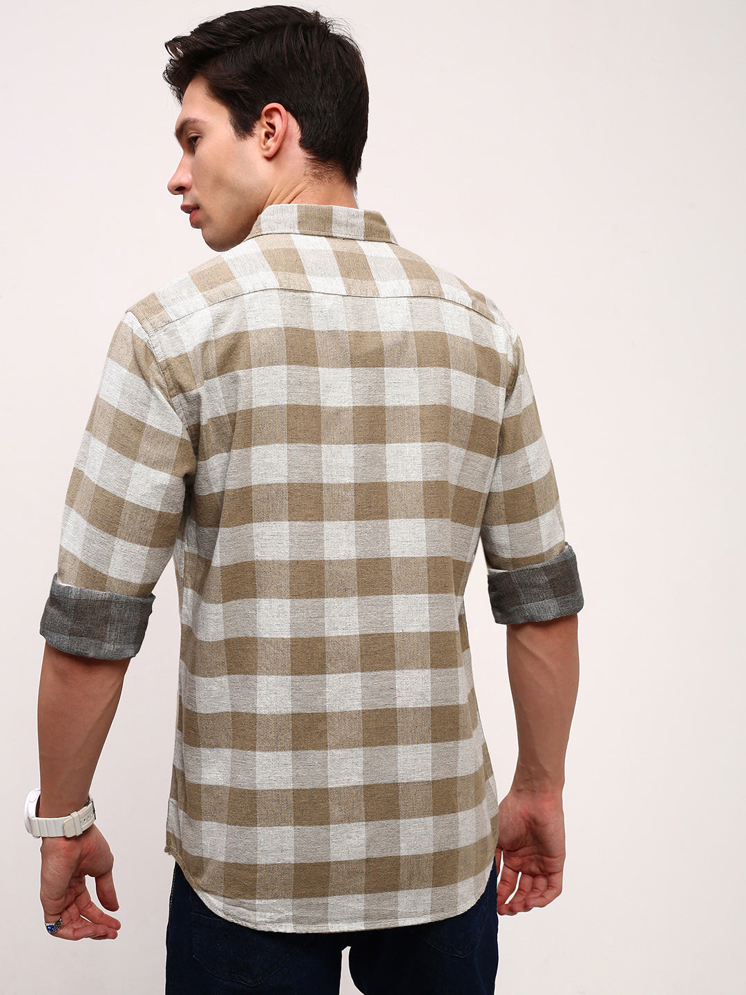 Men Olive Checked Slim Fit Shirt