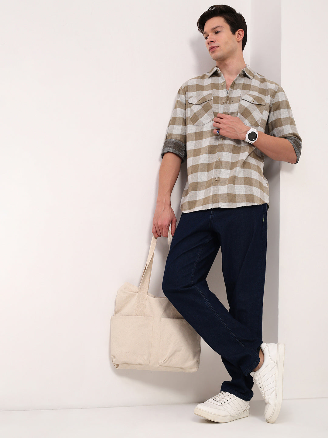 Men Olive Checked Slim Fit Shirt