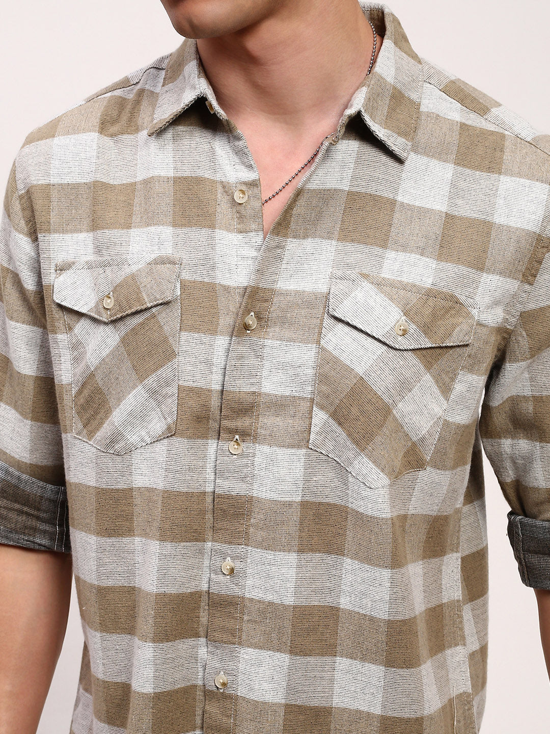 Men Olive Checked Slim Fit Shirt