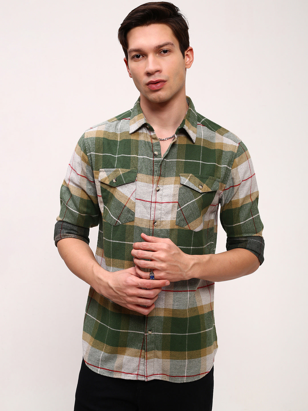 Men Green Checked Slim Fit Shirt