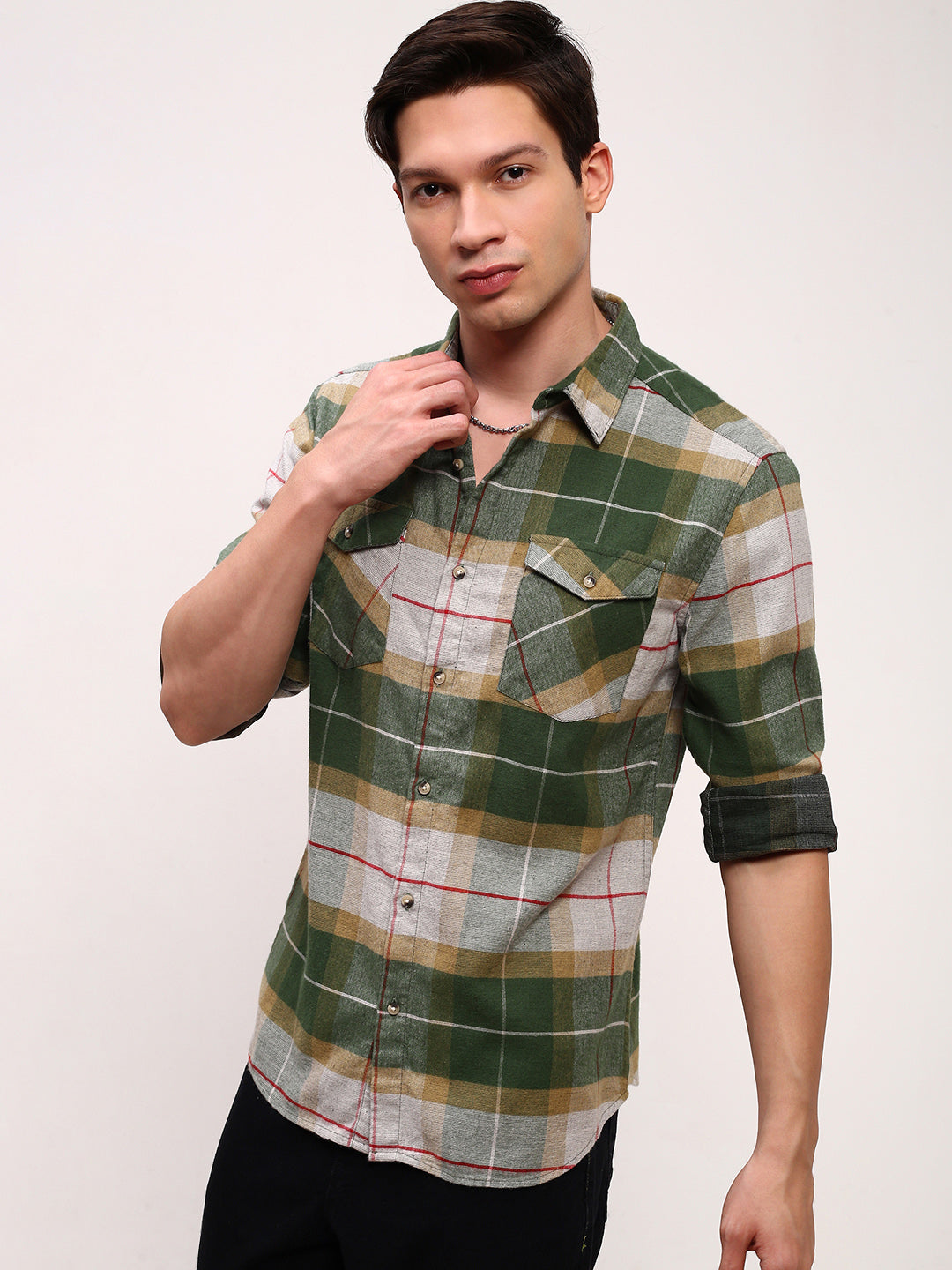 Men Green Checked Slim Fit Shirt