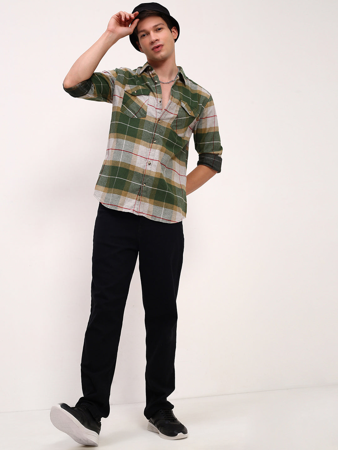 Men Green Checked Slim Fit Shirt