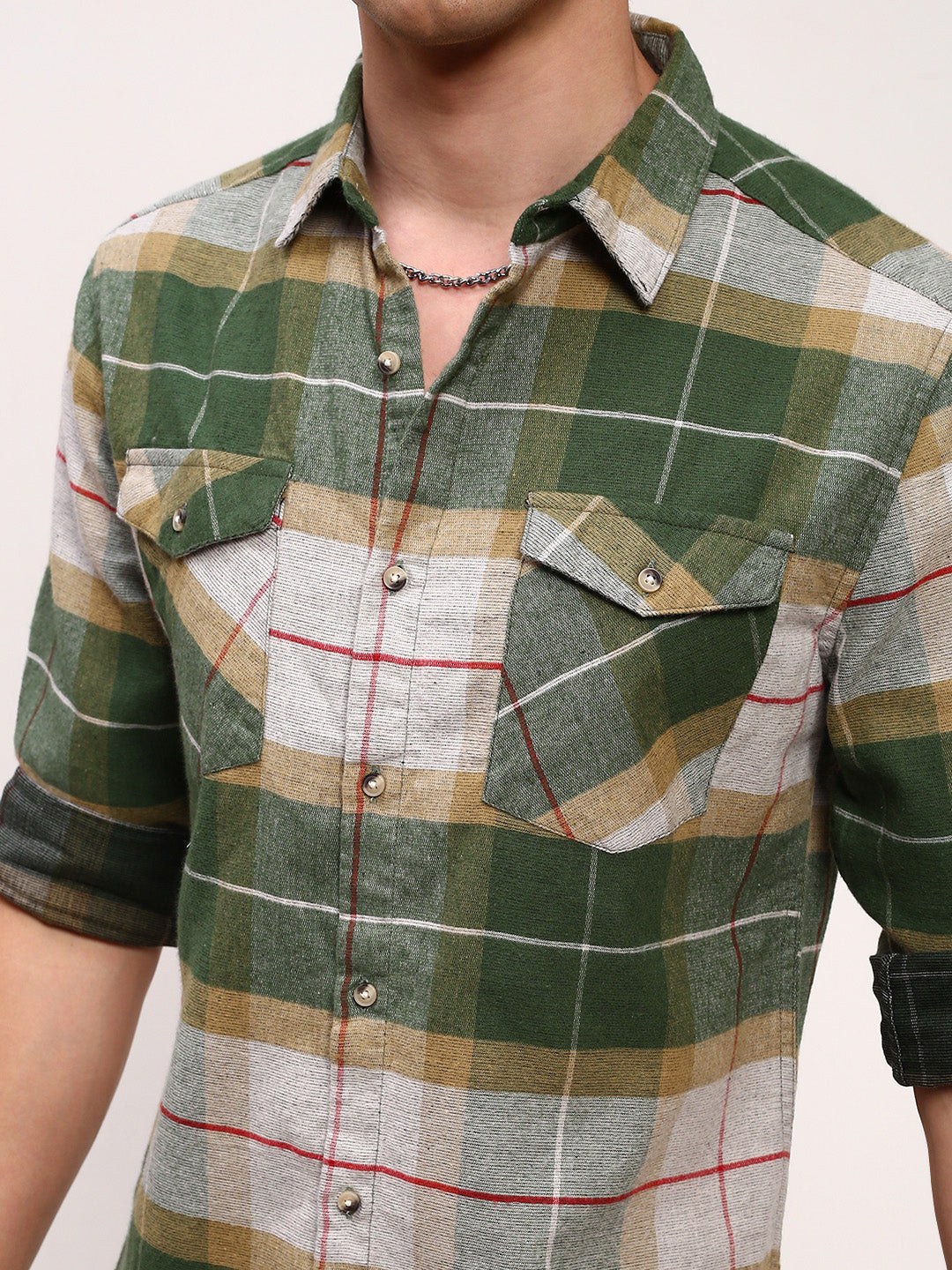 Men Green Checked Slim Fit Shirt