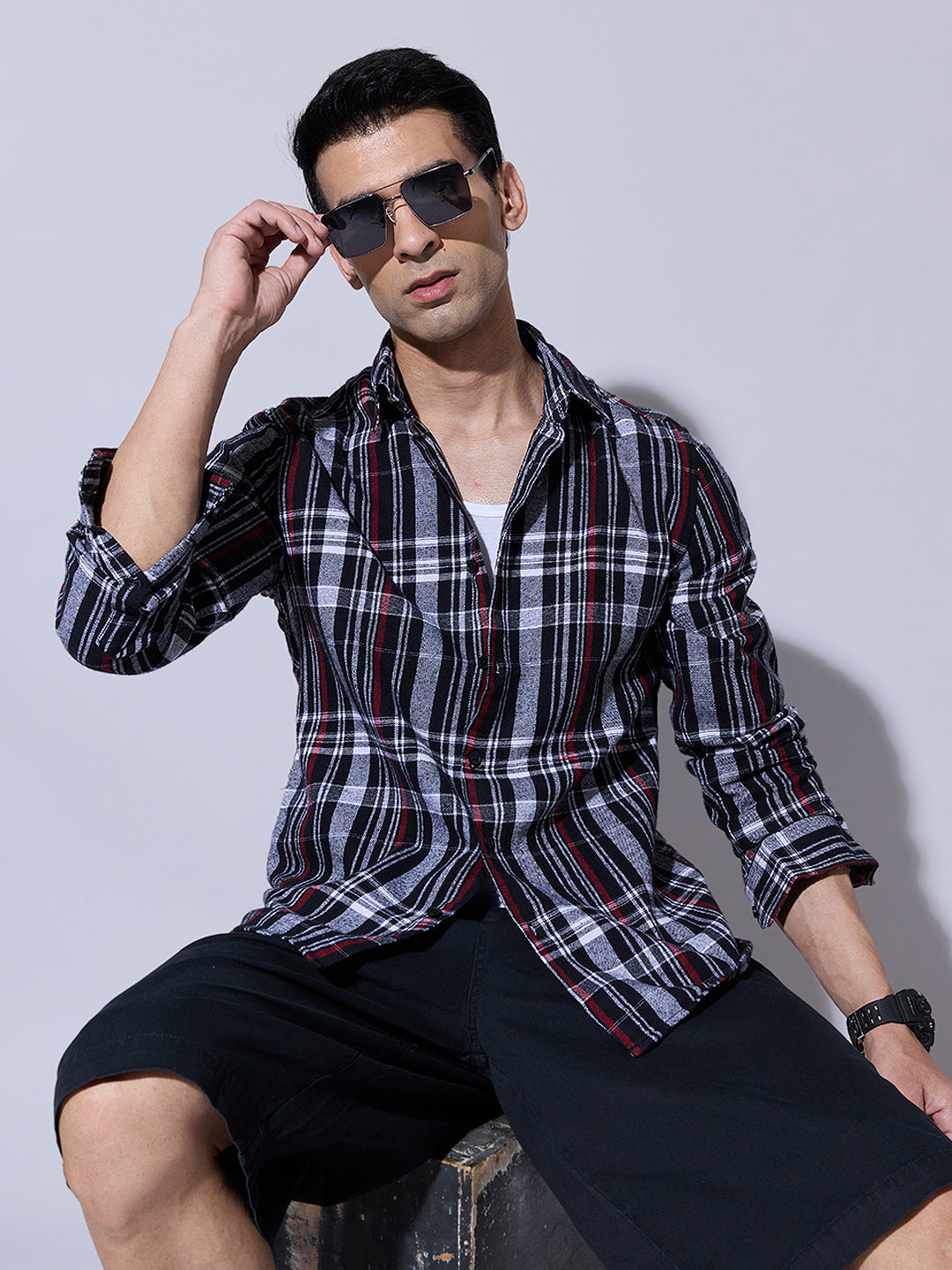 Men's Plaid Checked Black Casual Shirt