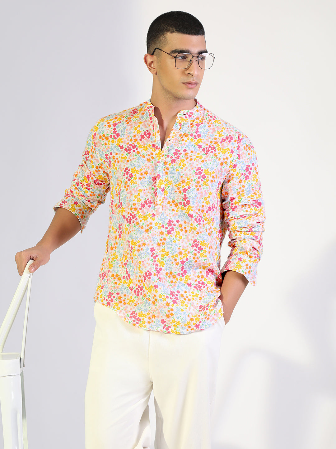 Men's Floral Multi-Colour Regular Fit Casual Mandarin Collar Shirt