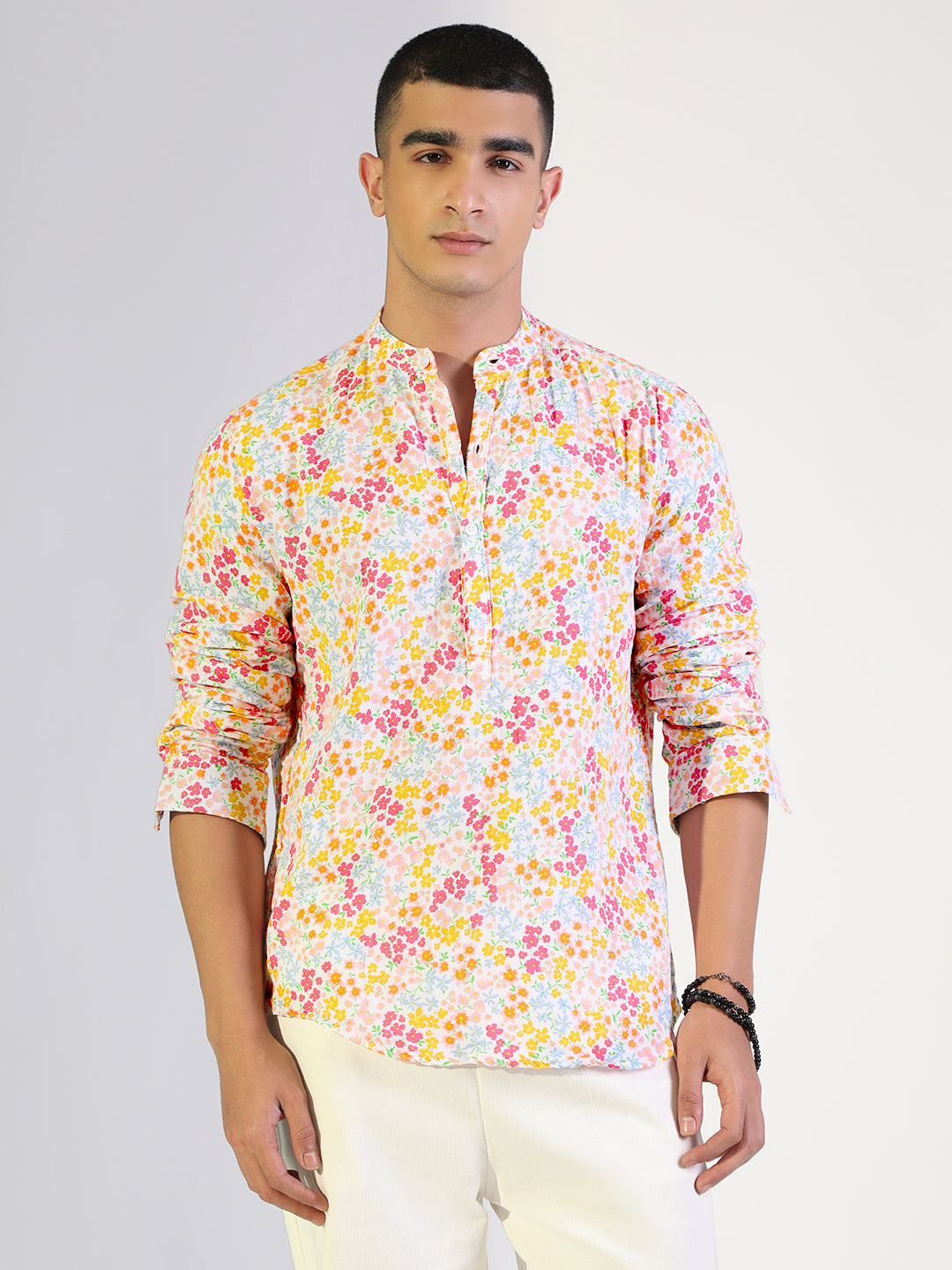 Men's Floral Multi-Colour Regular Fit Casual Mandarin Collar Shirt