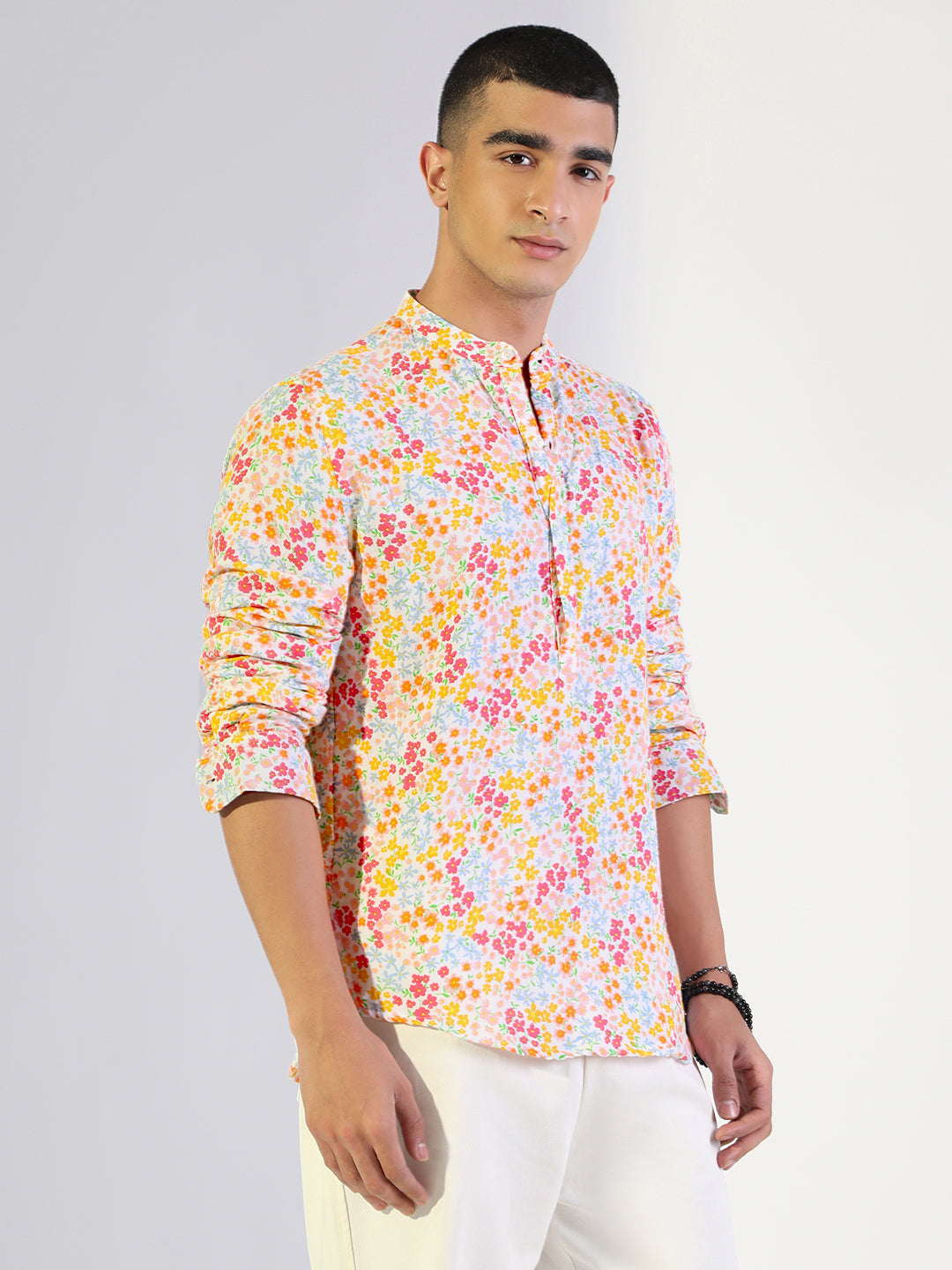 Men's Floral Multi-Colour Regular Fit Casual Mandarin Collar Shirt