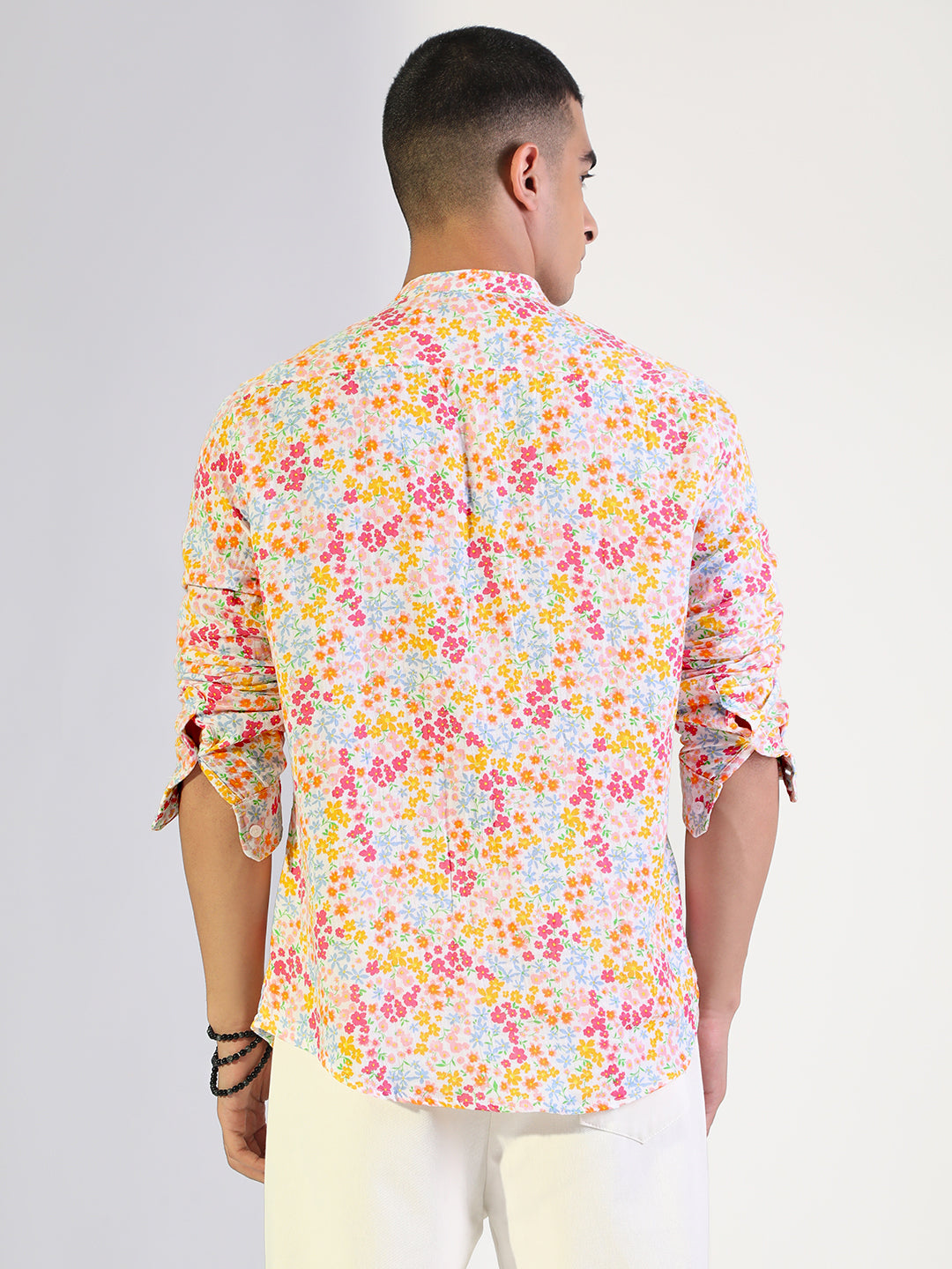 Men's Floral Multi-Colour Regular Fit Casual Mandarin Collar Shirt