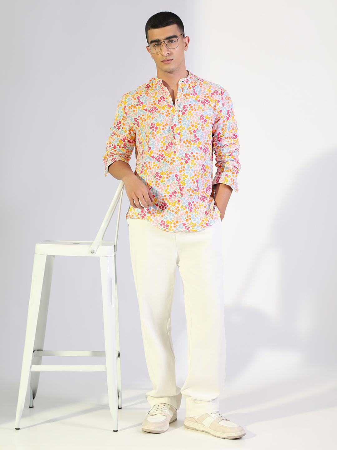 Men's Floral Multi-Colour Regular Fit Casual Mandarin Collar Shirt