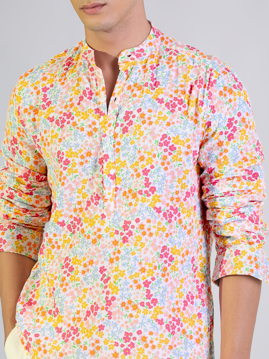 Men's Floral Multi-Colour Regular Fit Casual Mandarin Collar Shirt