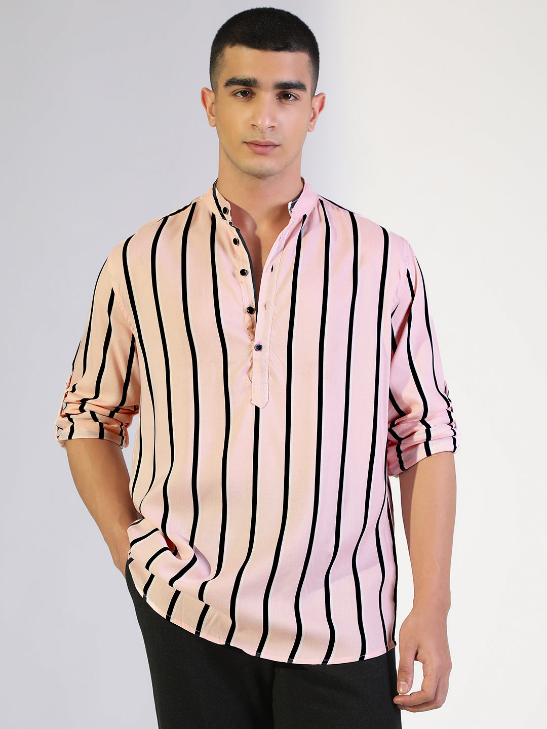 Men's Striped Pink Regular Fit Casual Mandarin Collar Shirt