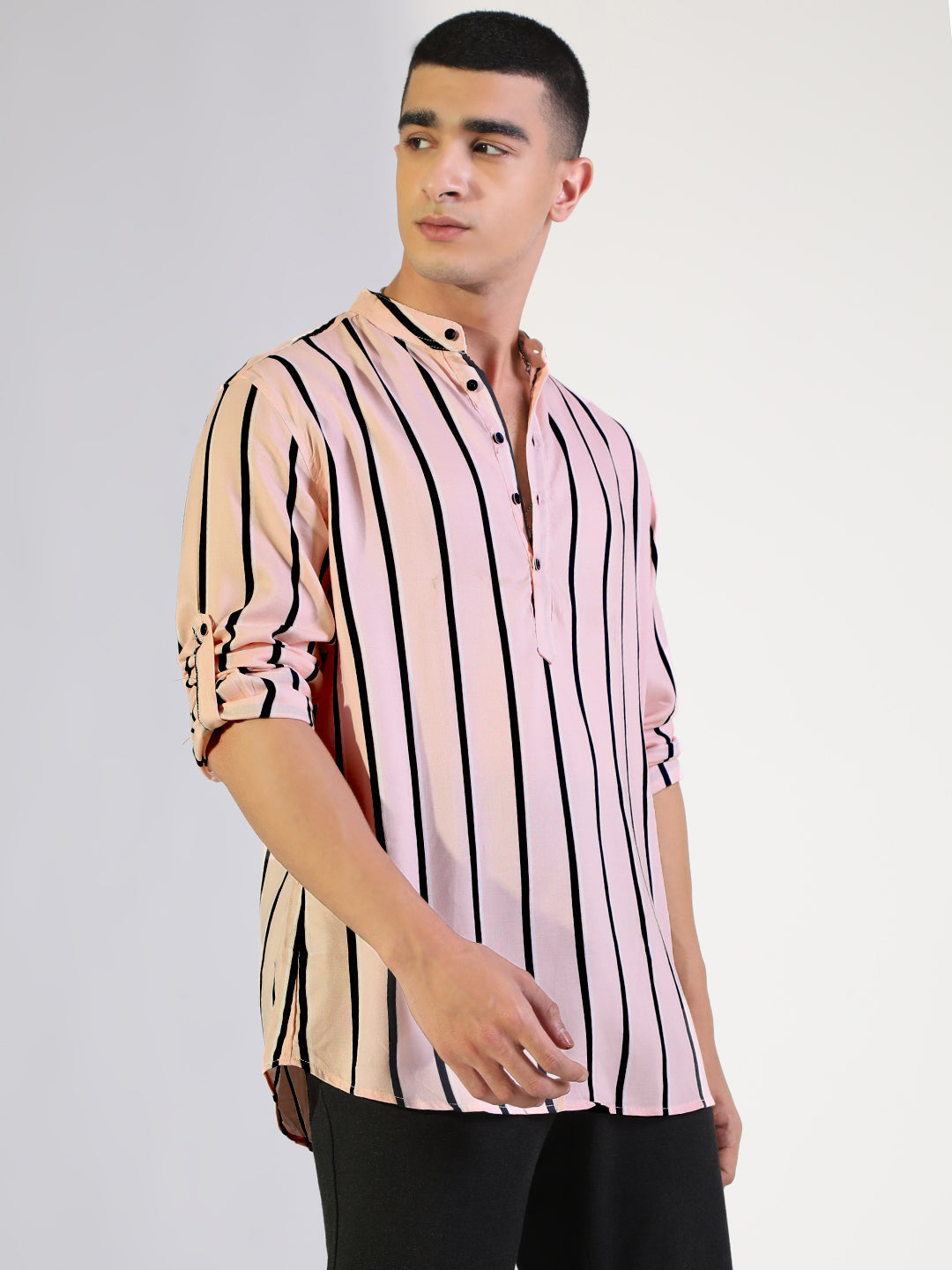 Men's Striped Pink Regular Fit Casual Mandarin Collar Shirt