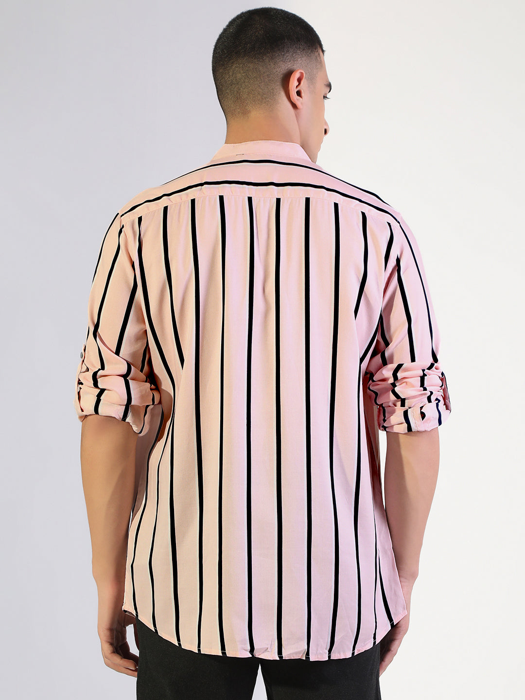 Men's Striped Pink Regular Fit Casual Mandarin Collar Shirt