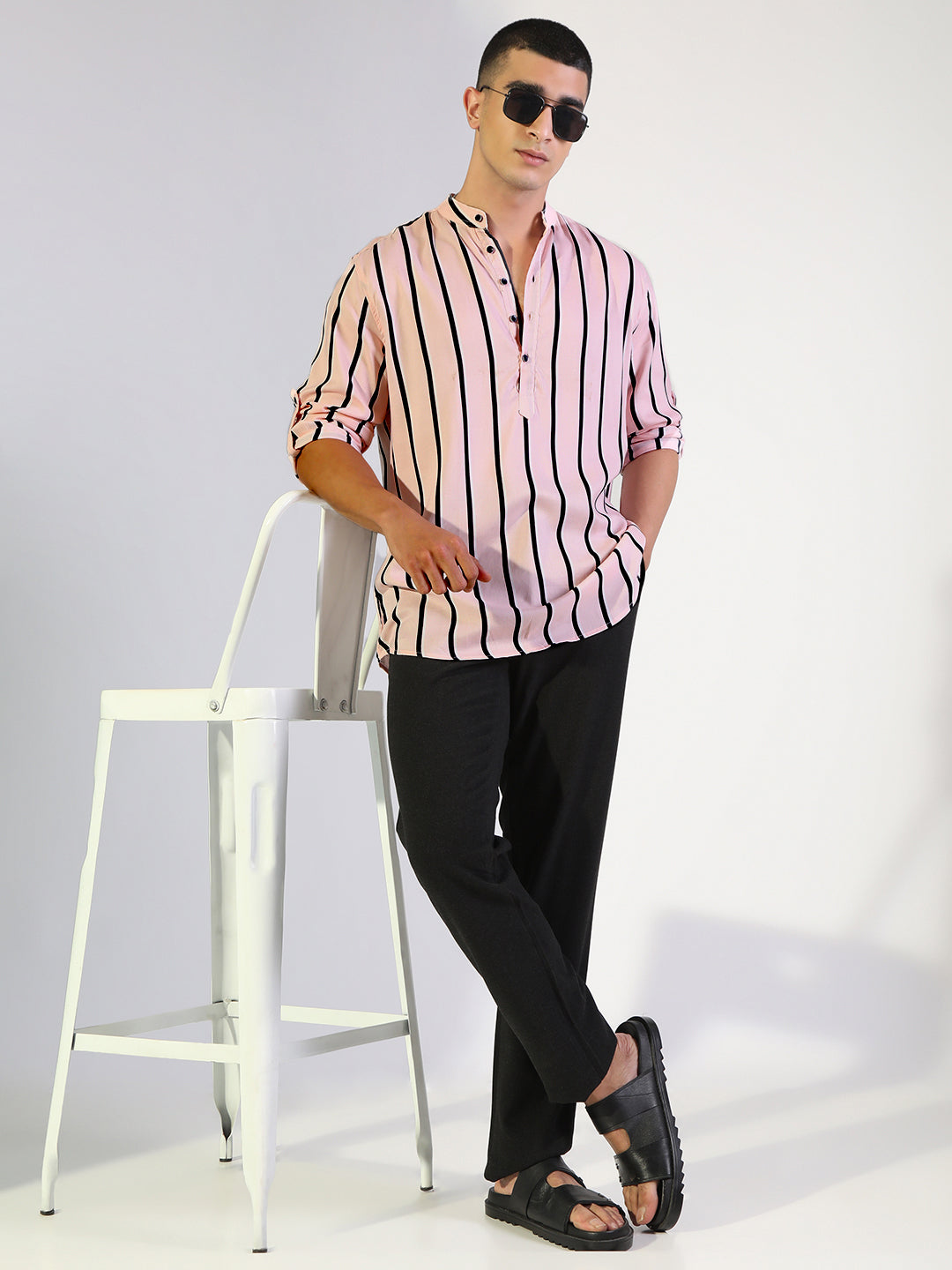 Men's Striped Pink Regular Fit Casual Mandarin Collar Shirt