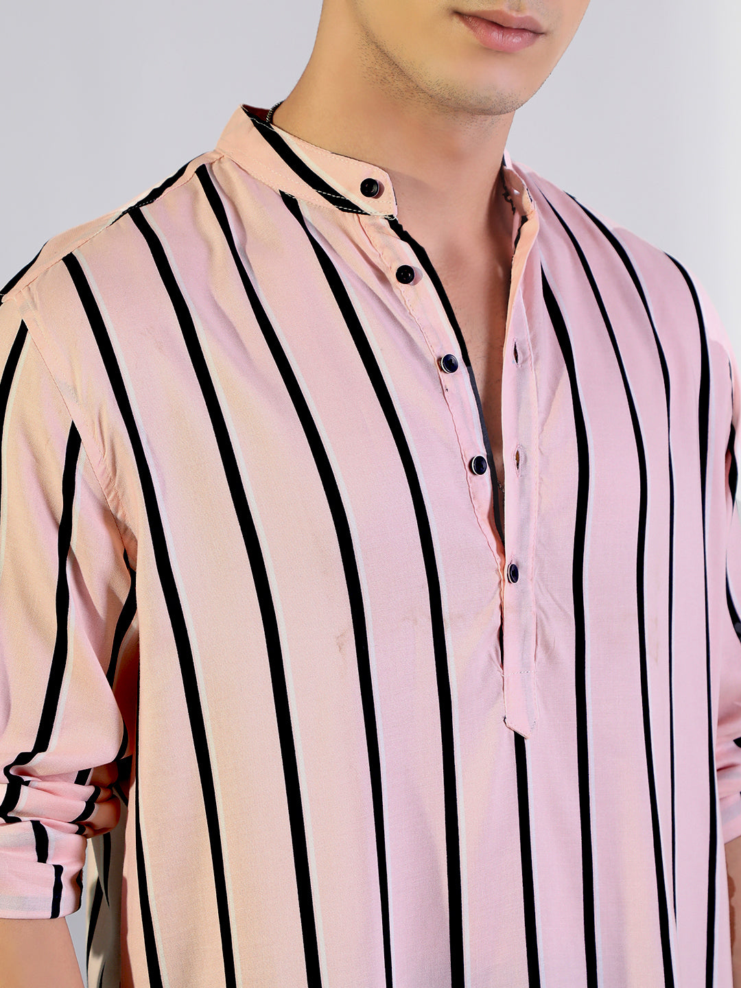 Men's Striped Pink Regular Fit Casual Mandarin Collar Shirt